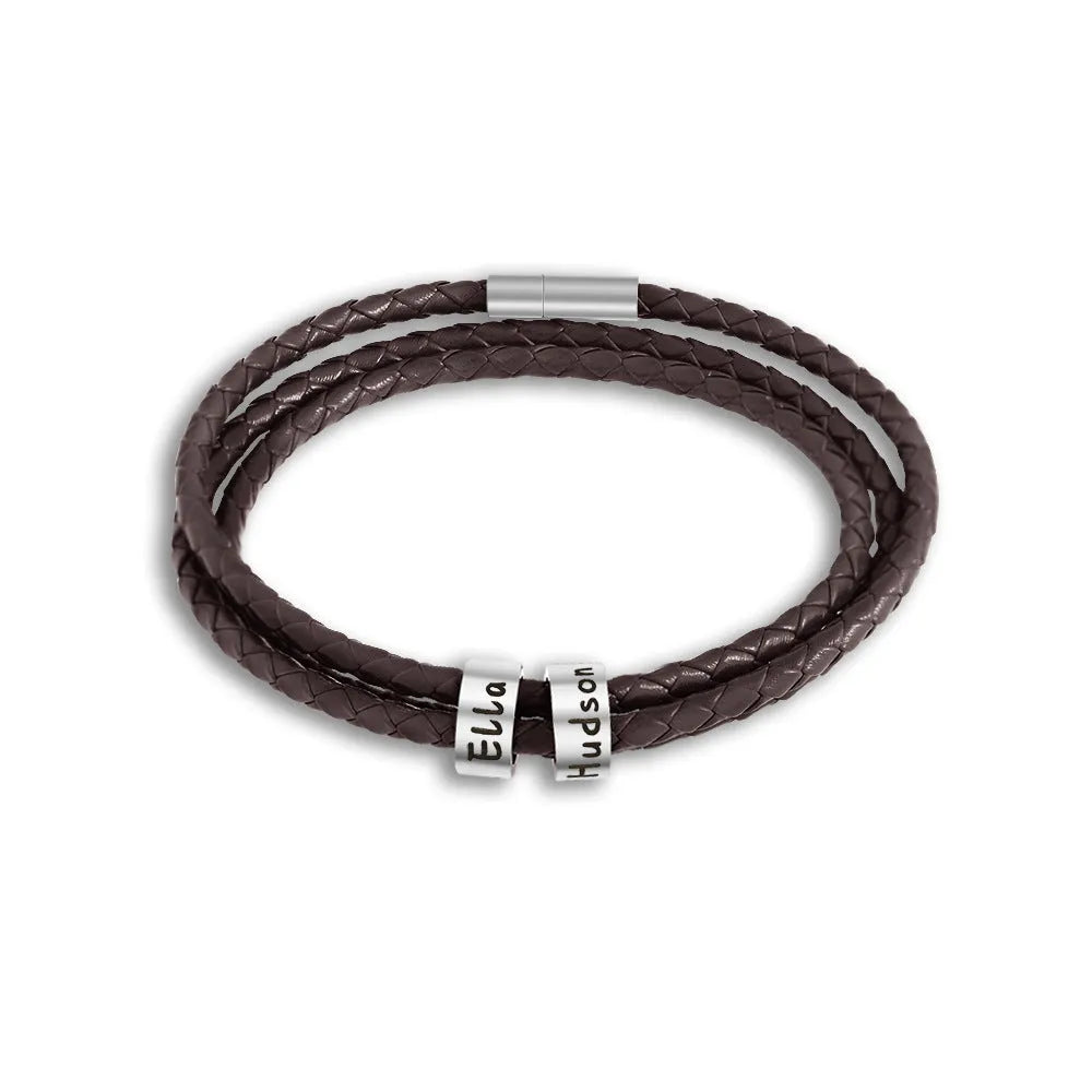 BRACELET EN CUIR TRESSÉ AVEC ANNEAUX PERSONNALISÉS EN ACIER