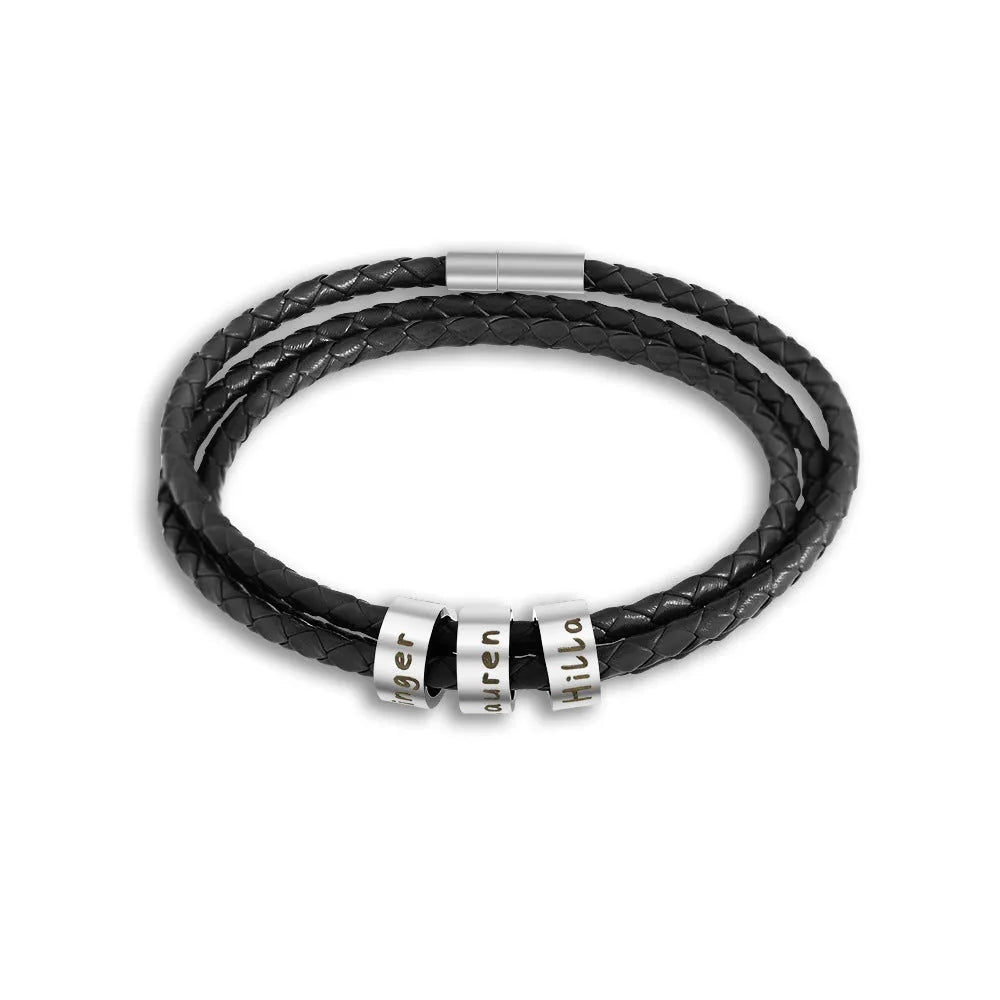 BRACELET EN CUIR TRESSÉ AVEC ANNEAUX PERSONNALISÉS EN ACIER