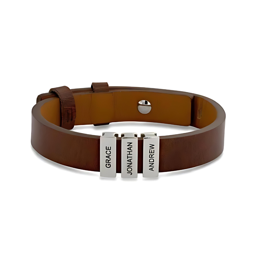 BRACELET EN CUIR AVEC NOMS PERSONNALISÉS EN ACIER