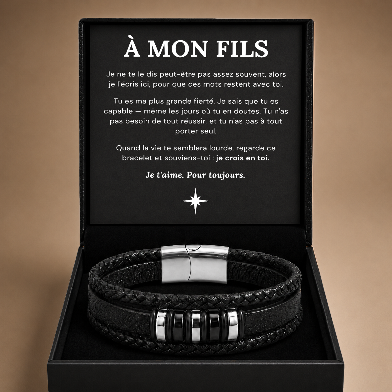 À MON FILS - BRACELET CUIR TRESSÉ TRIPLE