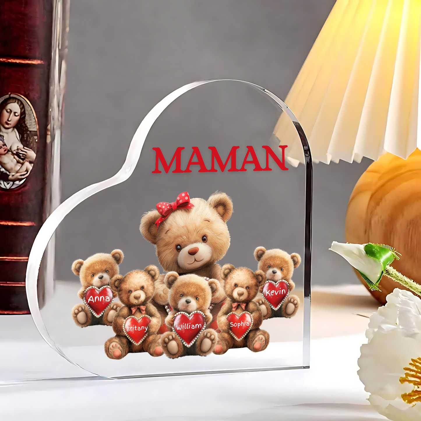 COEUR EN ACRYLIQUE PERSONNALISÉE MAMAN/MAMIE OURS AVEC ENFANTS