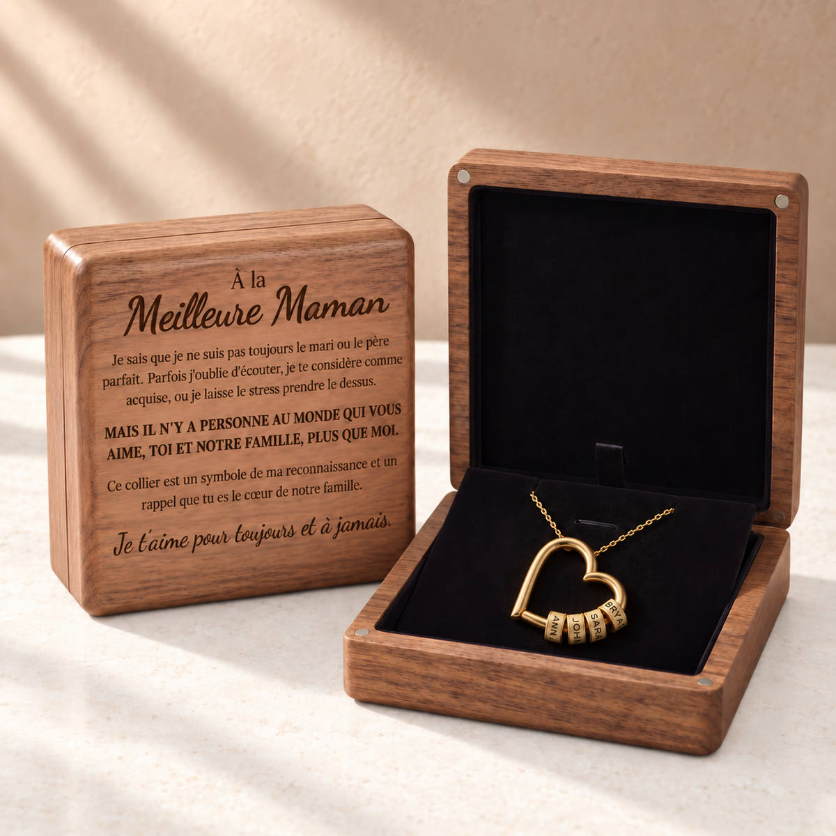 À LA MEILLEURE MAMAN - COLLIER COEUR PERSONNALISÉE & COFFRET EN NOYER GRAVÉ