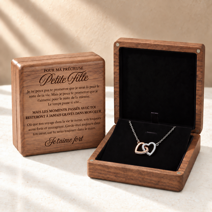 À MA PETITE-FILLE - COLLIER COEUR DOUBLE & COFFRET EN NOYER GRAVÉ