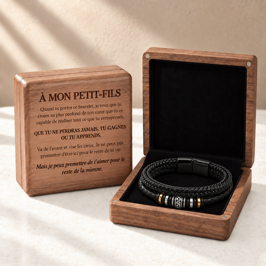 À MON PETIT-FILS - BRACELET EN CUIR TRIPLE & COFFRET EN NOYER GRAVÉ