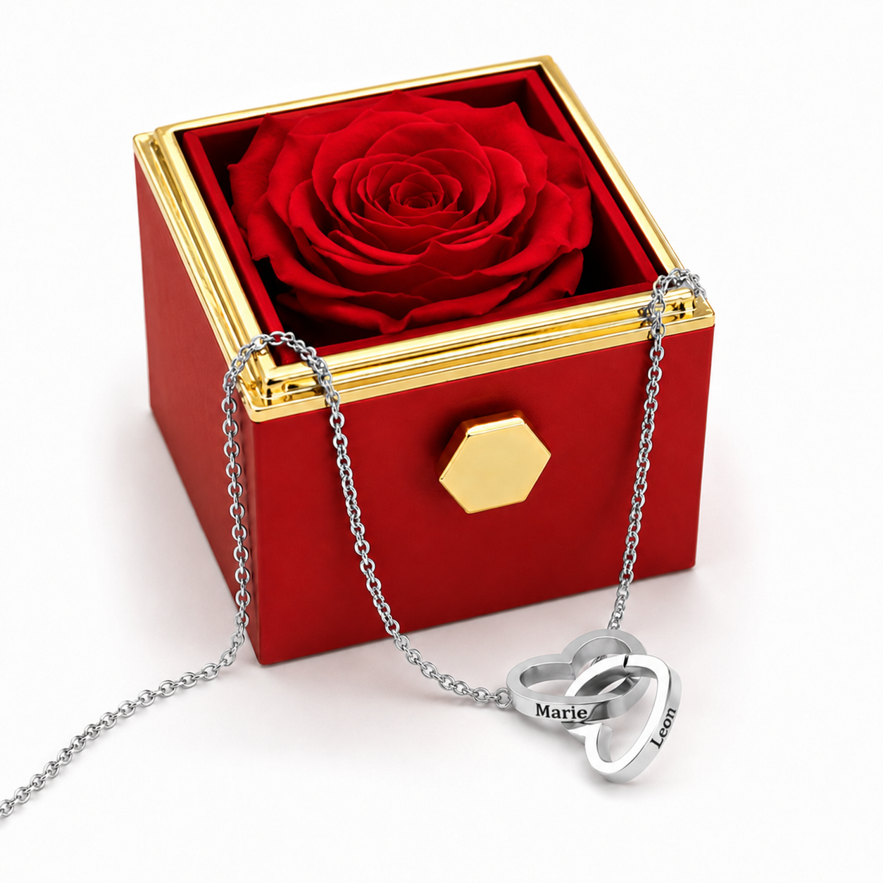 ROSE ÉTERNELLE - COLLIER DOUBLE COEUR PERSONNALISÉ