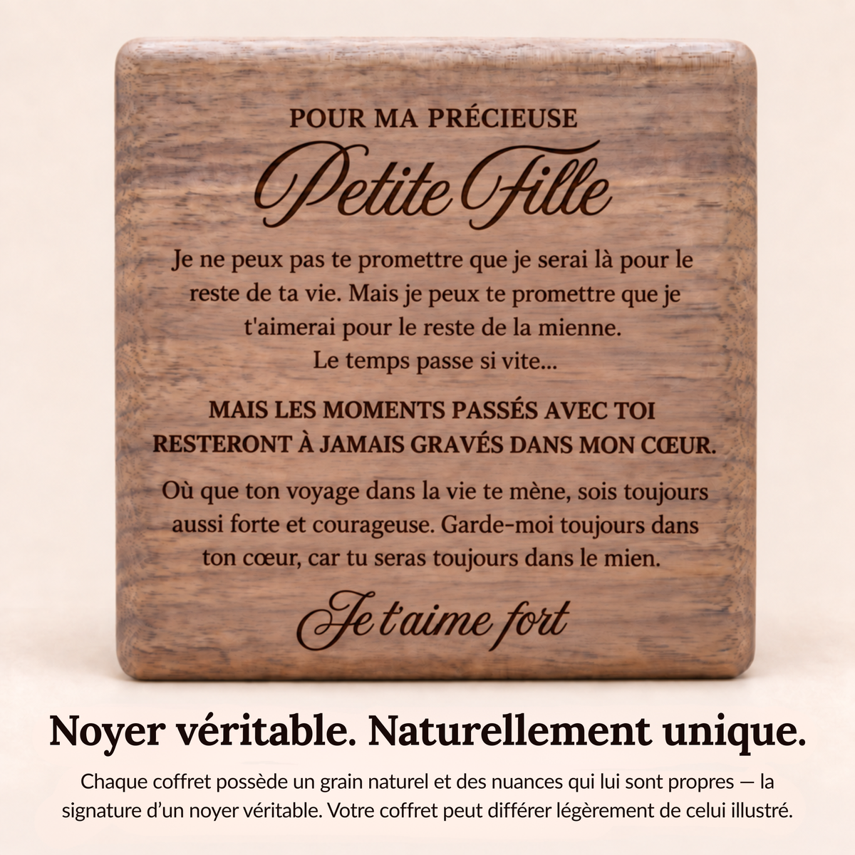 À MA PETITE-FILLE - COLLIER COEUR DOUBLE & COFFRET EN NOYER GRAVÉ
