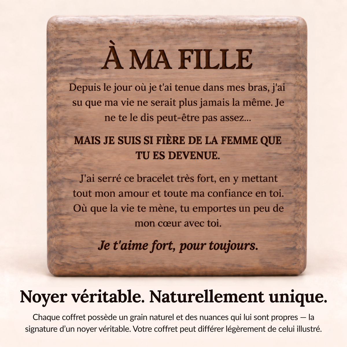 À MA FILLE - BRACELET COEUR INFINI & COFFRET EN NOYER GRAVÉ