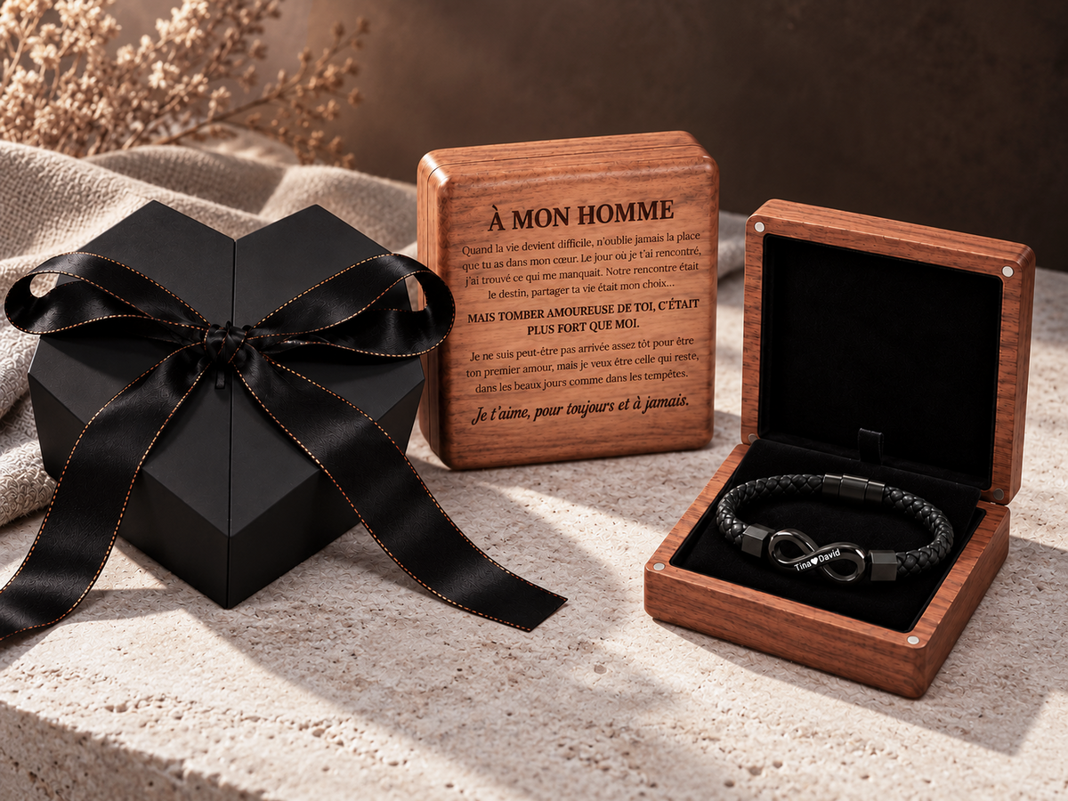 Bracelet À Mon Homme personnalisé avec écrin en noyer gravé et boîte cadeau Cœur de Luxe noire