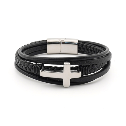 À MON PETIT-FILS - BRACELET CROIX CUIR TRIPLE