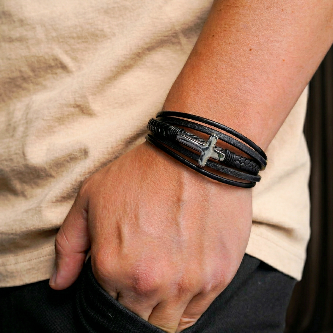 À MON PETIT-FILS - BRACELET CROIX CUIR TRIPLE