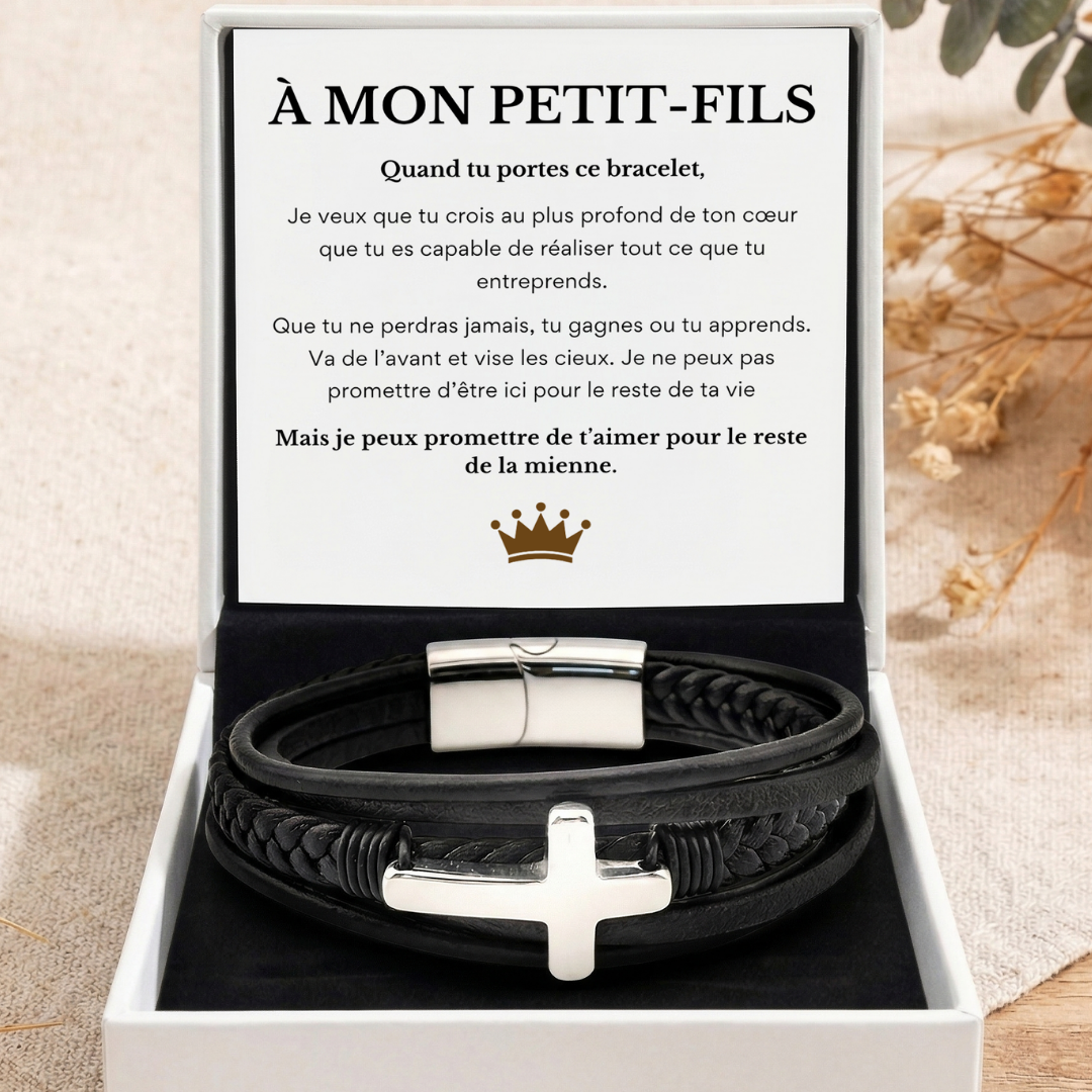 À MON PETIT-FILS - BRACELET CROIX CUIR TRIPLE