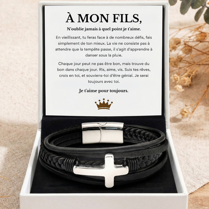 À MON FILS - BRACELET CROIX CUIR TRIPLE