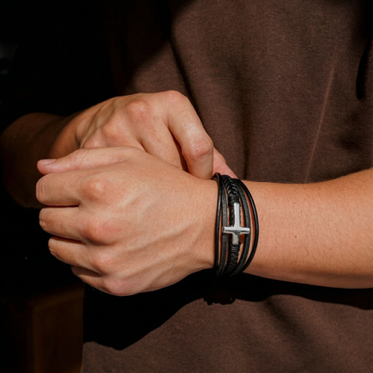 À MON PETIT-FILS - BRACELET CROIX CUIR TRIPLE