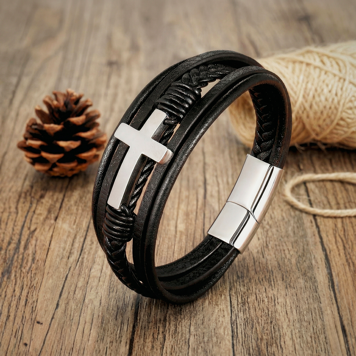 À MON PETIT-FILS - BRACELET CROIX CUIR TRIPLE