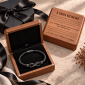 Bracelet infini avec vos deux prénoms, coffret en noyer gravé et boîte cadeau Cœur noire