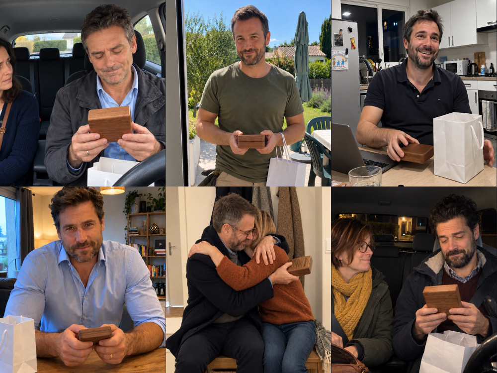 Moment de surprise d’un homme découvrant son bracelet À Mon Homme et son message gravé